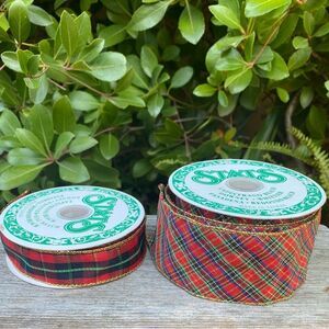 Stats Red Plaid Holiday Christmas Ribbon Two (2) Rolls Packages Gifts Wrapping